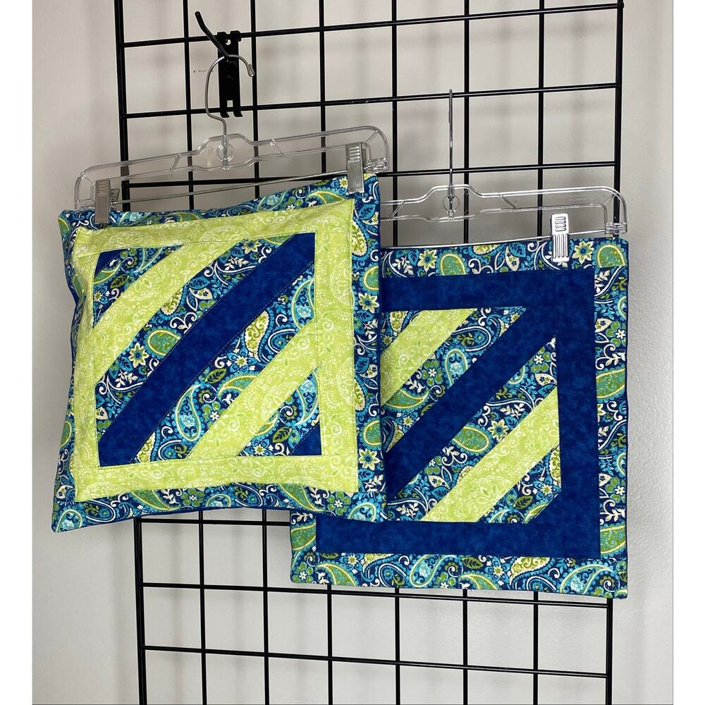 Handmade Quilted Paisley Pillow Shams, Set of 2 Blue, Lime Green, Navy 14" x 14"